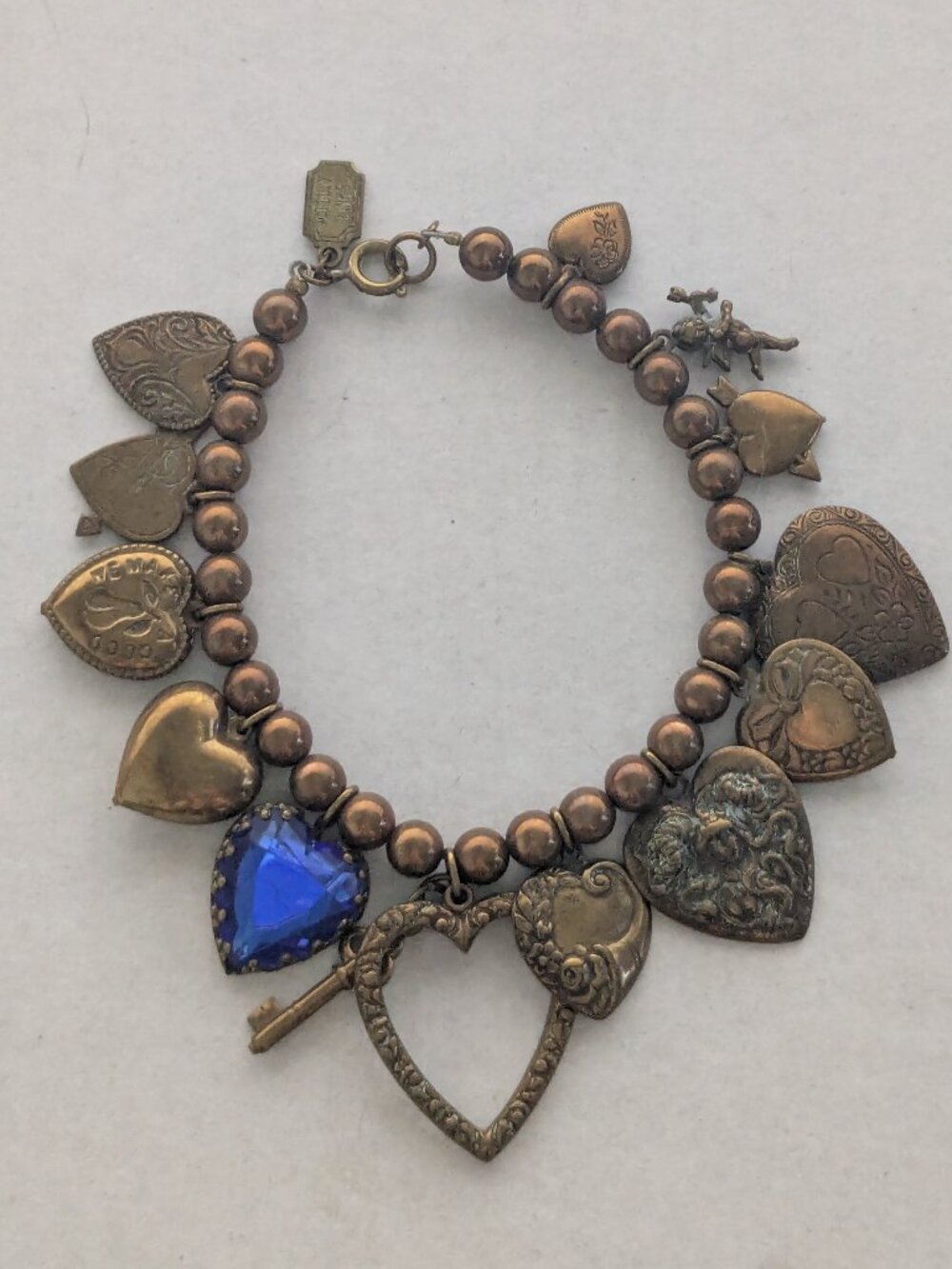 PIDIDDLY LINKS Antique Finish Hearts, Key, Angel Charm Bracelet